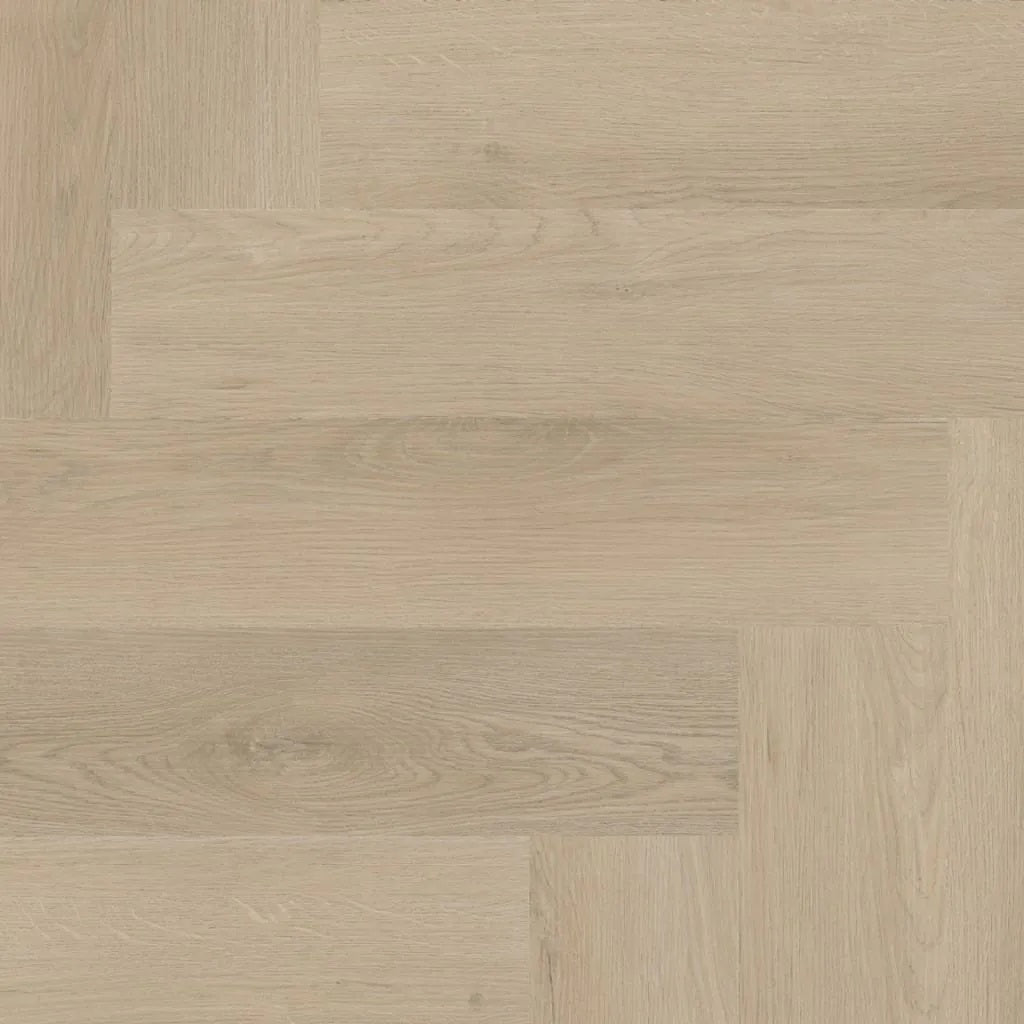 Close-up van Ambiant Spigato Navaro Visgraat 96117510 Beige PVC vloer - gedetailleerd visgraatpatroon en zachte beige tinten