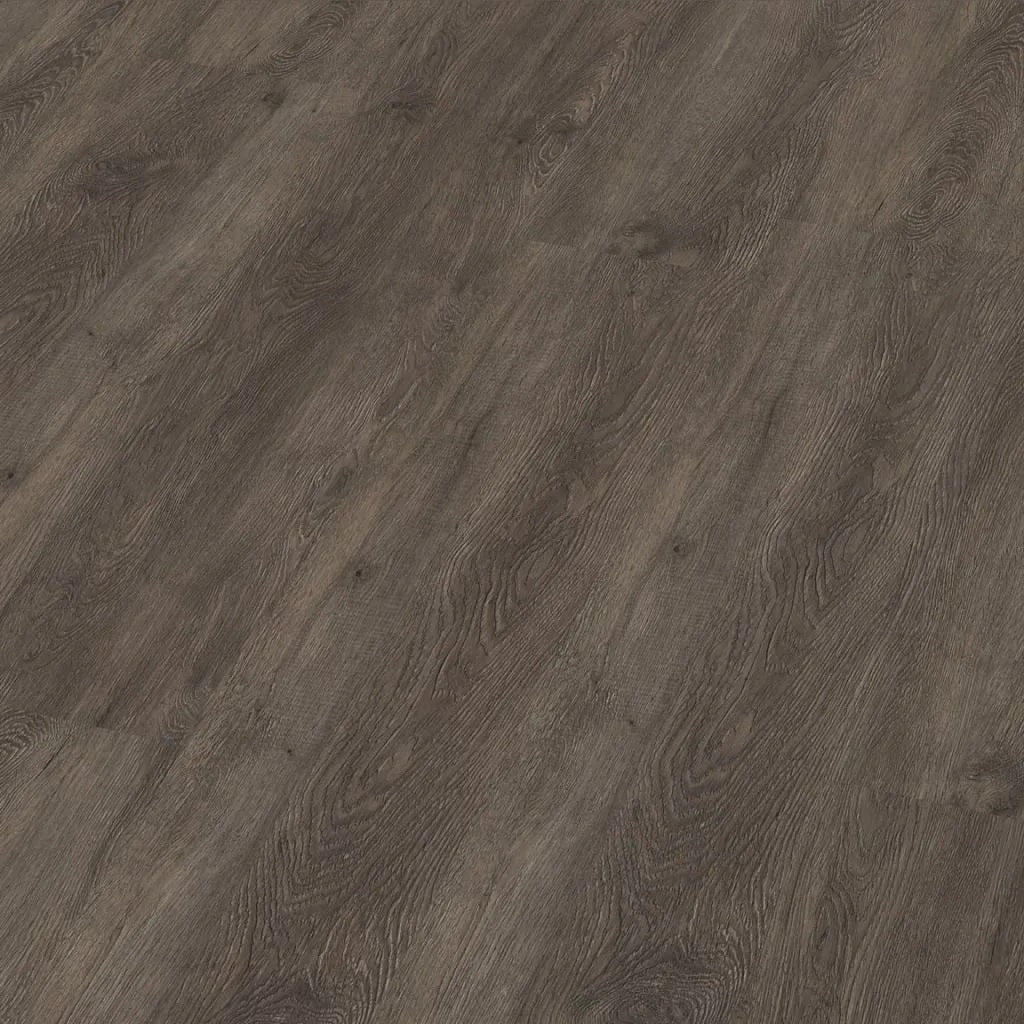 Close-up van Ambiant Supremo 90983619 Dark Grey PVC vloer - gedetailleerde houtnerf en diepe donkere tinten voor een luxe uitstraling