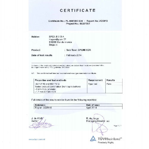 Spemi HDR Combi ondervloer certificaat, bevestigt optimale prestaties in geluidsdemping en isolatie voor een superieure vloerervaring