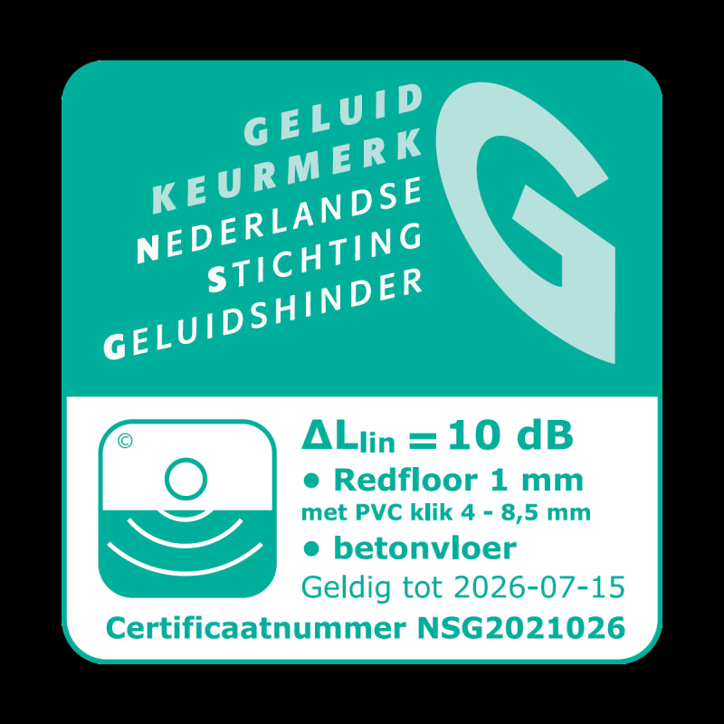Certificaat voor RedFloor 1.0 ondervloer, garandeert hoge geluidsisolatie en thermische bescherming voor onder click PVC vloeren